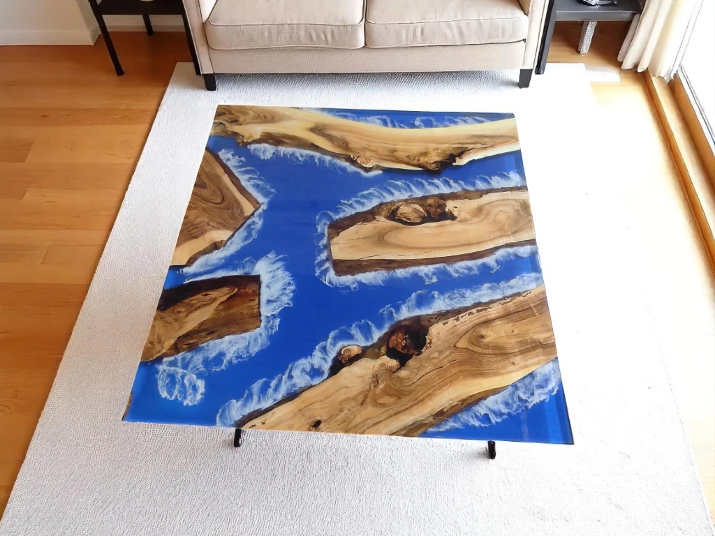 Square Sofa Table with Blue Resin River – Custom Wood Design